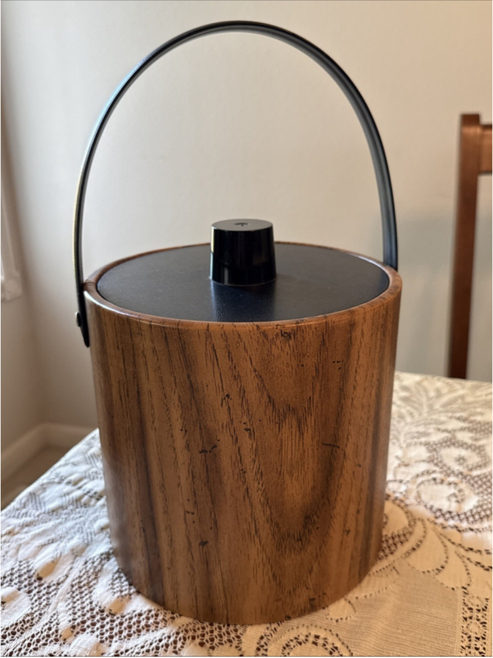 Vintage Irvinware Mid Century Modern Ice Bucket Faux Wood Grain Leather Barware